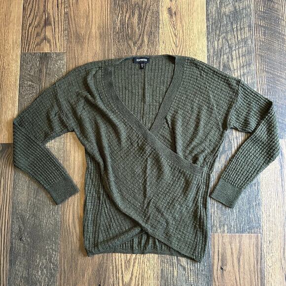 Express Women’s Size Medium Knit Surplice Wrap Sweater Olive Green Long Sleeve - Picture 1 of 8